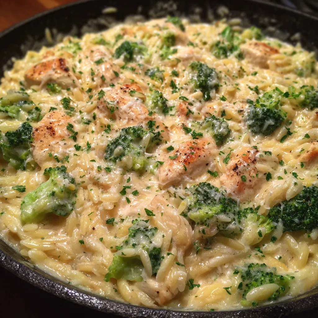 Spoon scooping creamy orzo from pot