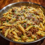 Creamy one-pot beef pasta in skillet with parsley