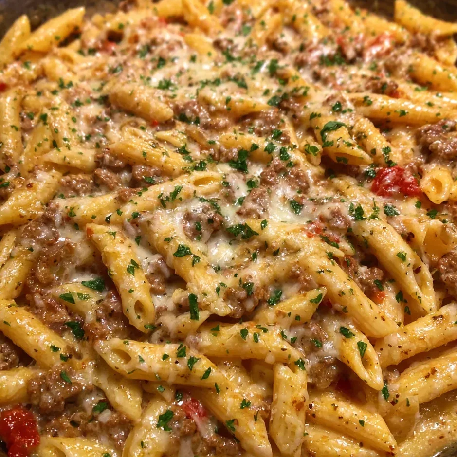 Close-up of pasta coated in creamy garlic butter sauce