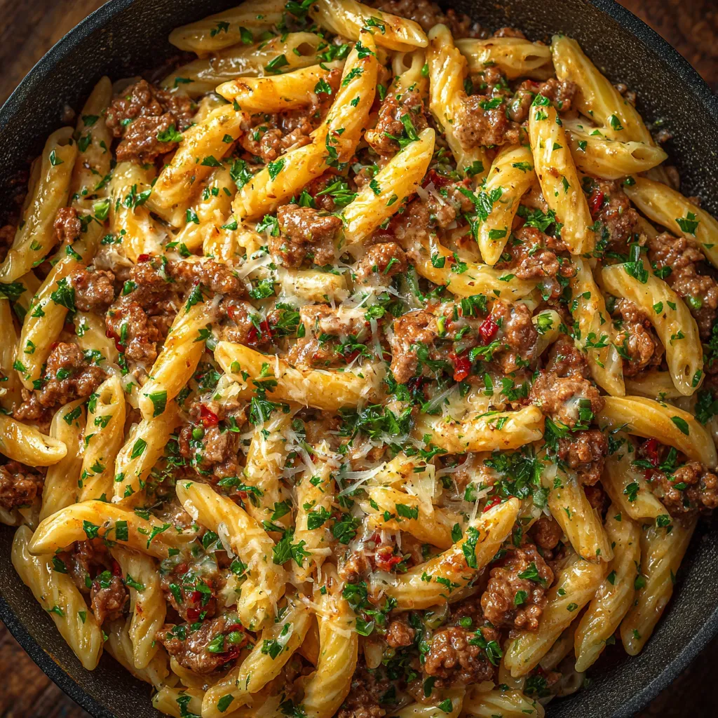 Bowl of creamy beef pasta with cheese and herbs