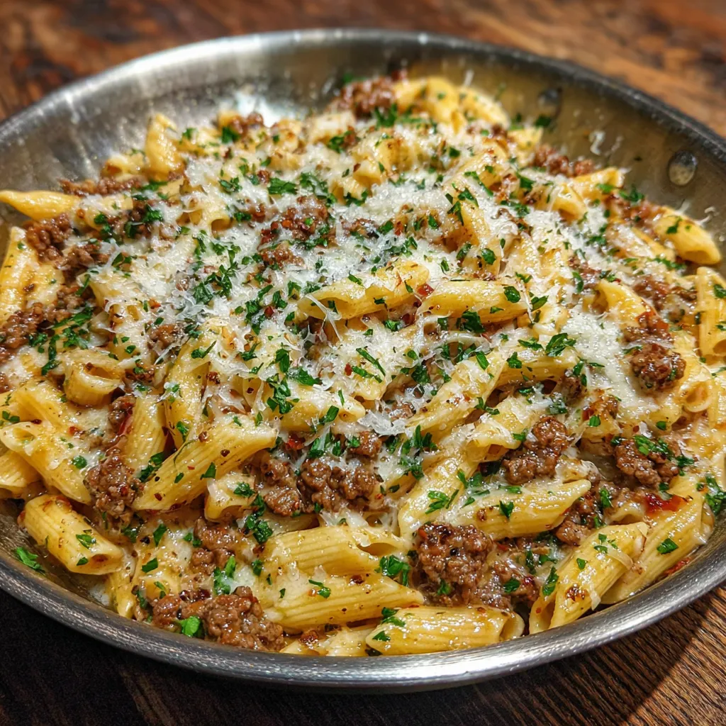 Spoon lifting cheesy garlic butter beef pasta