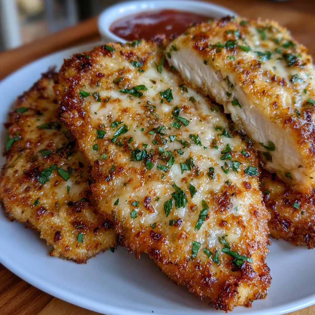 Crispy air fryer chicken Parmesan topped with melted cheese