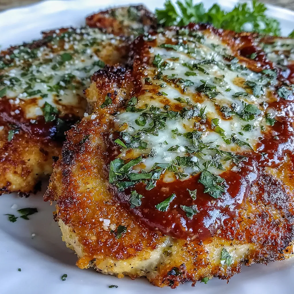 Close-up of air fryer chicken Parmesan on plate with basil