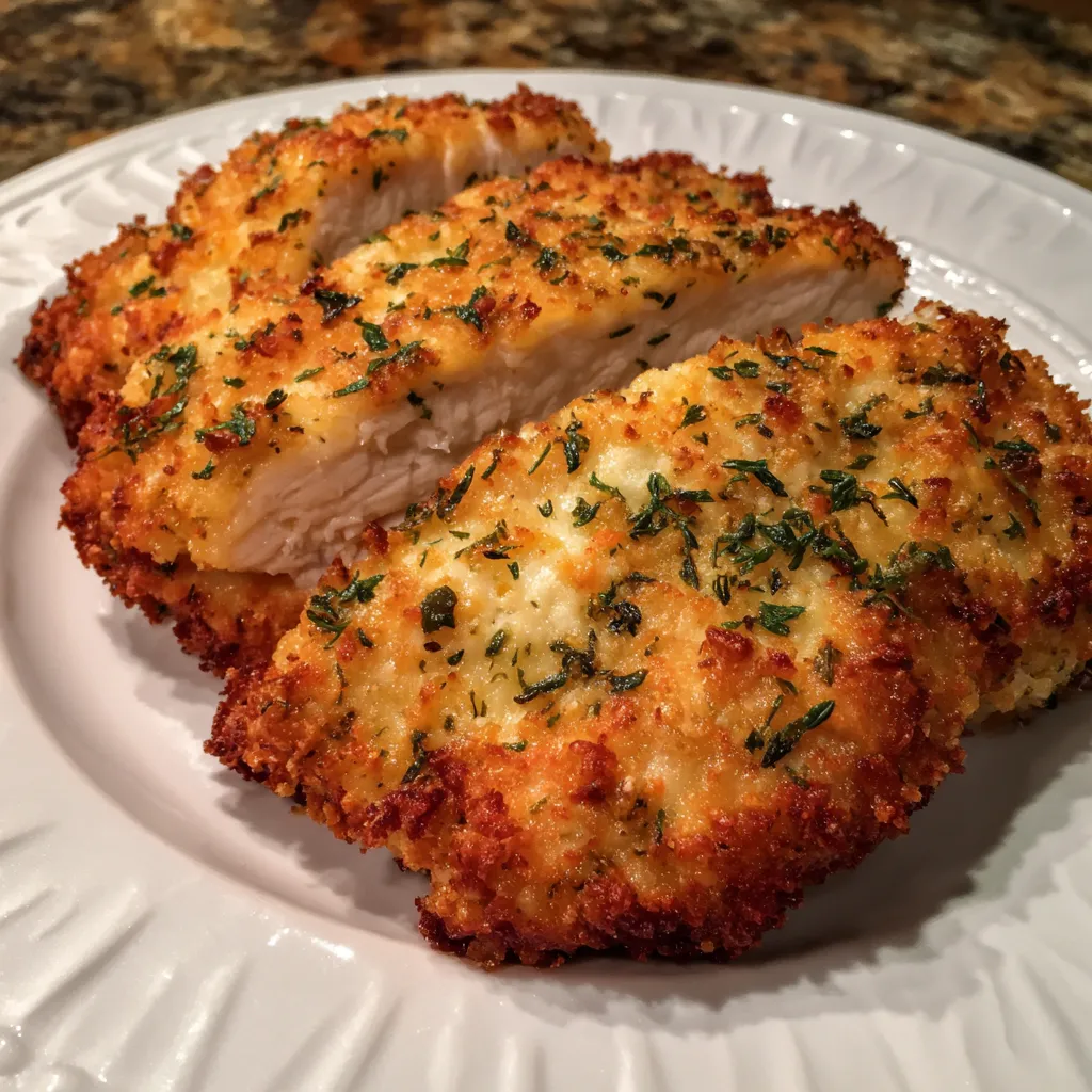 Air fryer basket with golden Parmesan crusted chicken
