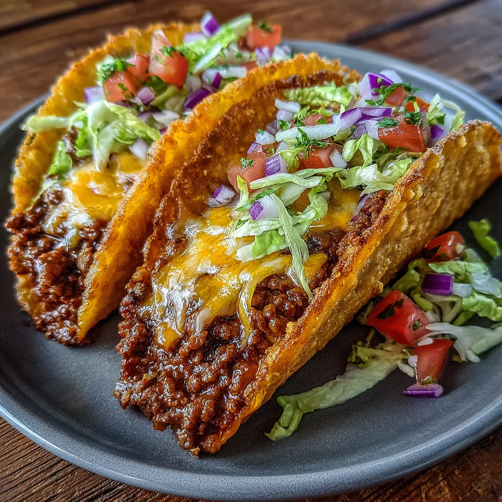 Hand holding crispy taco with melty beef filling