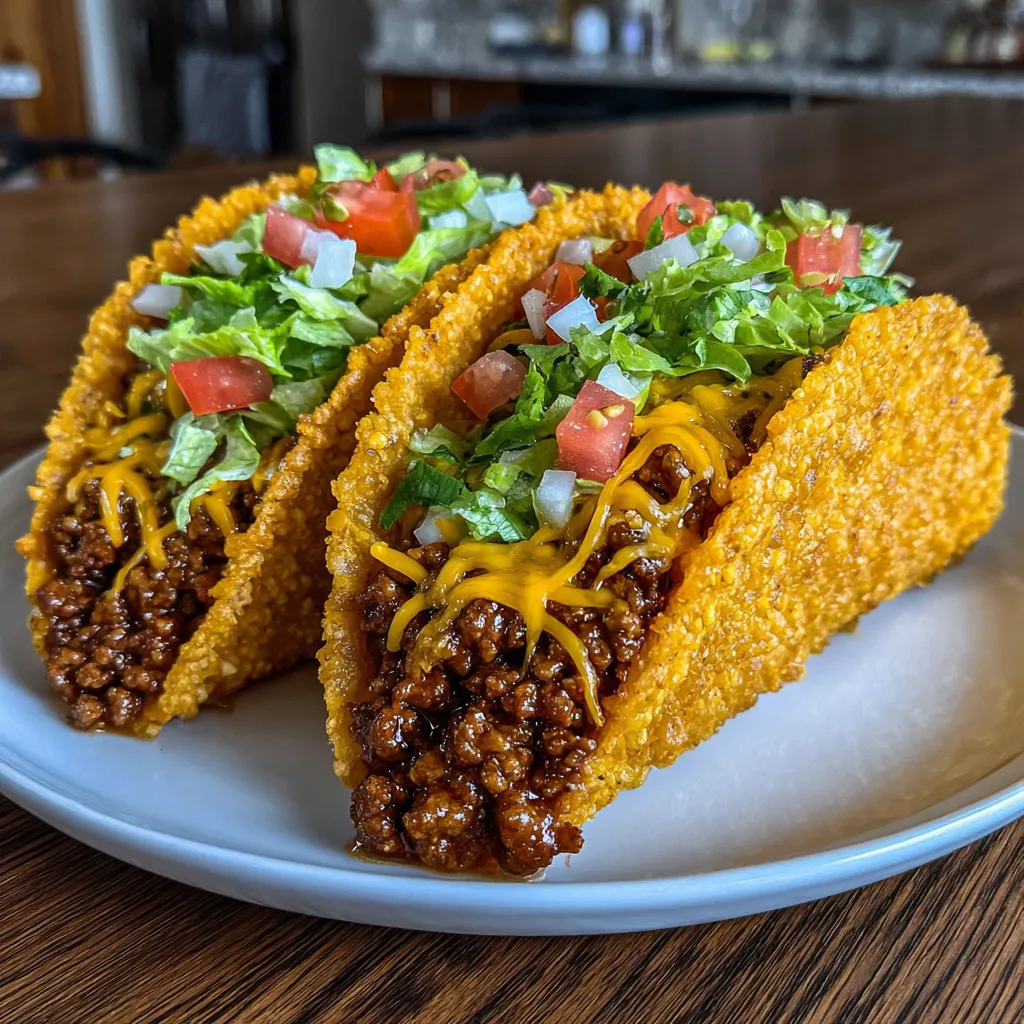 Tray of baked tacos topped with lettuce and tomatoes