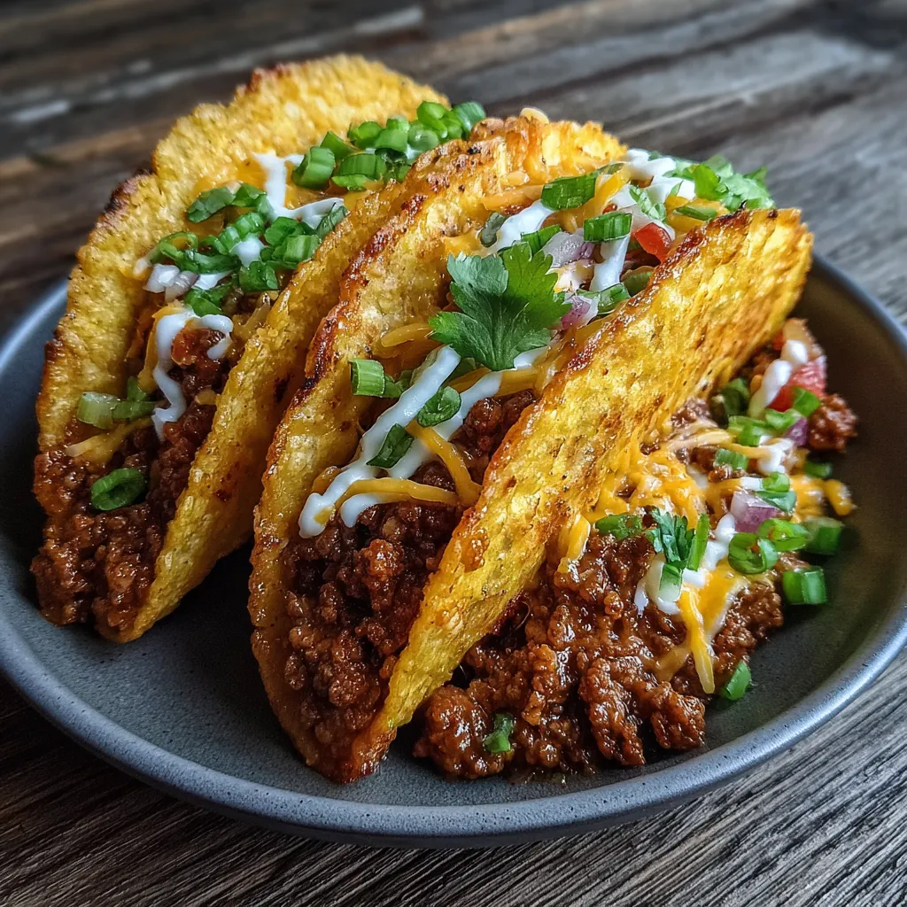 Crispy baked beef tacos lined on a tray