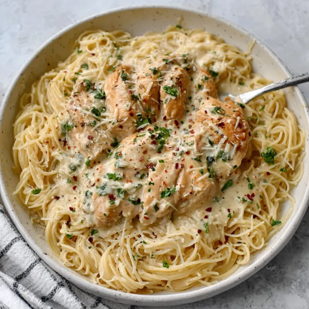 Crock pot angel chicken served over angel hair pasta