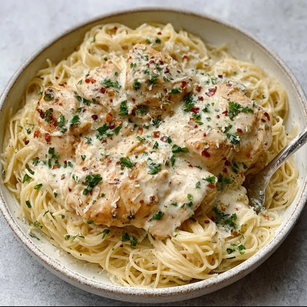 Plate of angel chicken with sauce drizzled on top