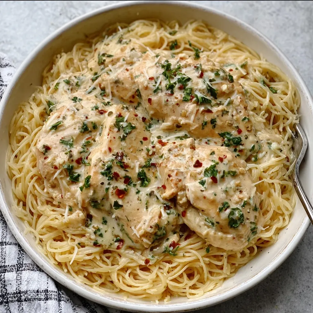 Crock pot filled with creamy angel chicken sauce