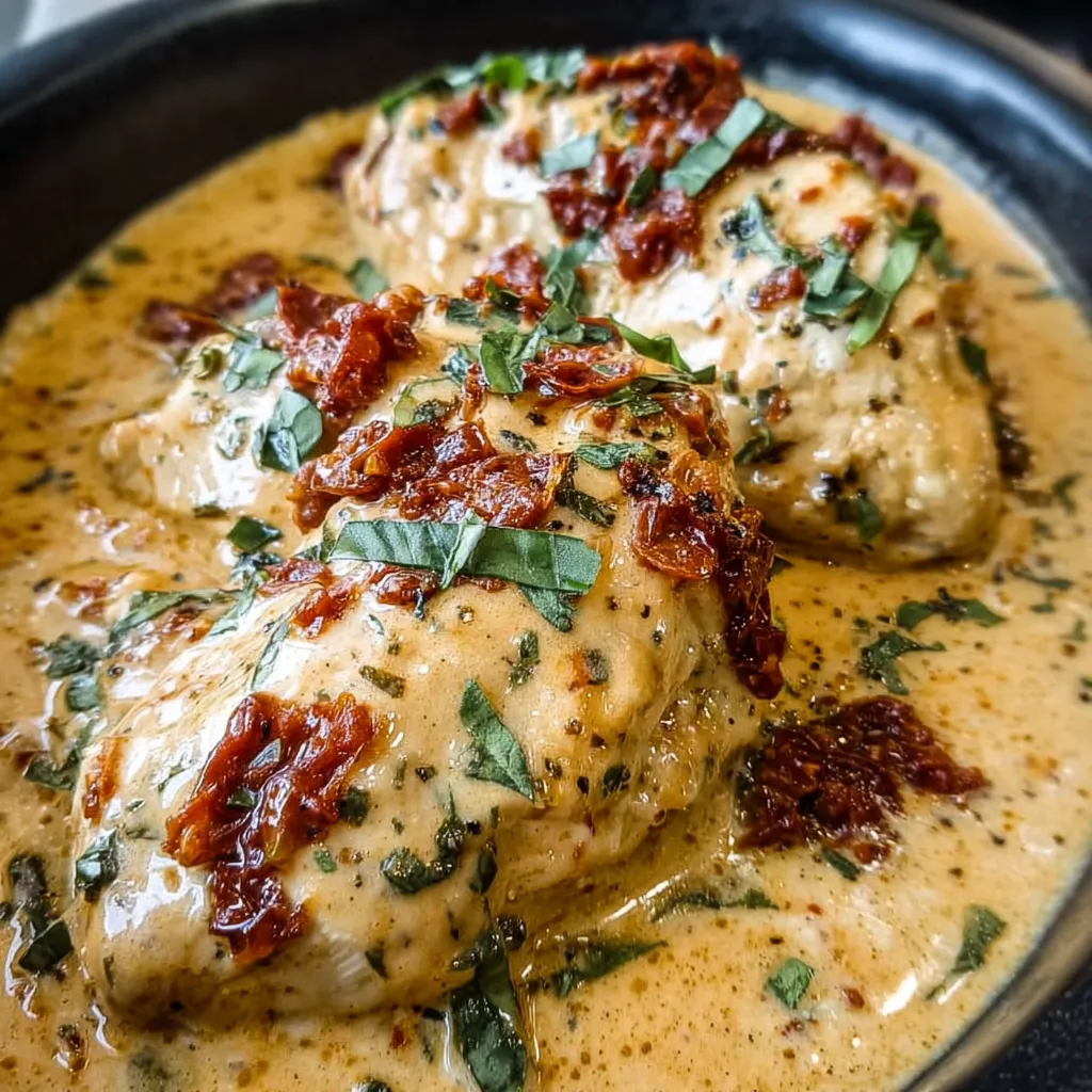 Close-up of creamy sauce over chicken with basil garnish