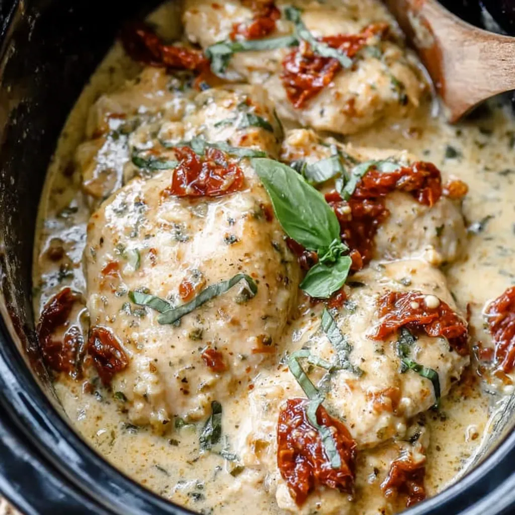 Slow cooker full of creamy sundried tomato chicken