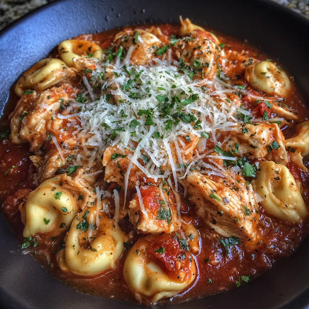 Bowl of crockpot chicken tortellini with marinara