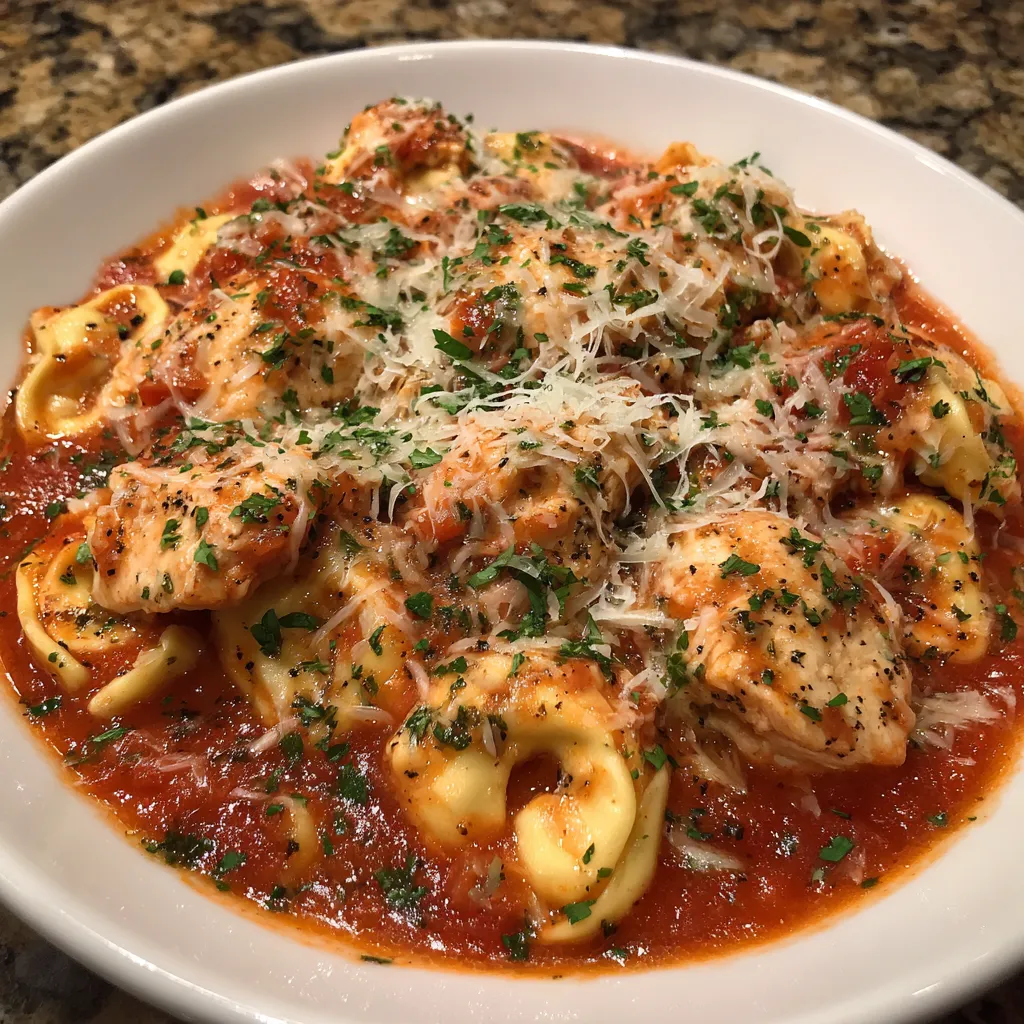 Close-up of cheesy tortellini with shredded chicken