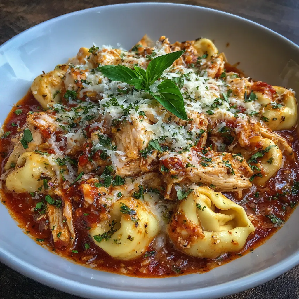 Spoon lifting cheesy tortellini from crockpot