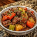 Crockpot filled with beef stew ready to serve