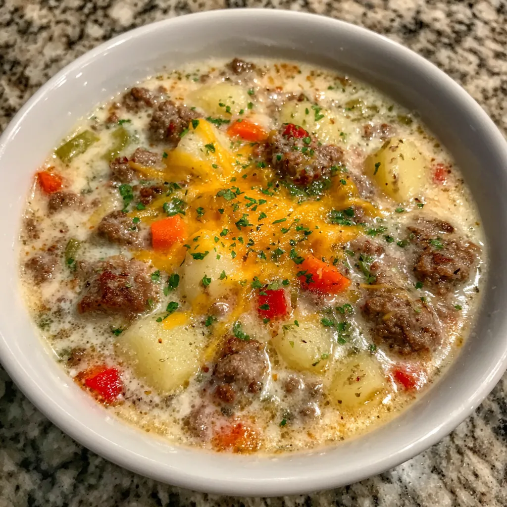 Close-up of soup showing beef, cheese, and veggies