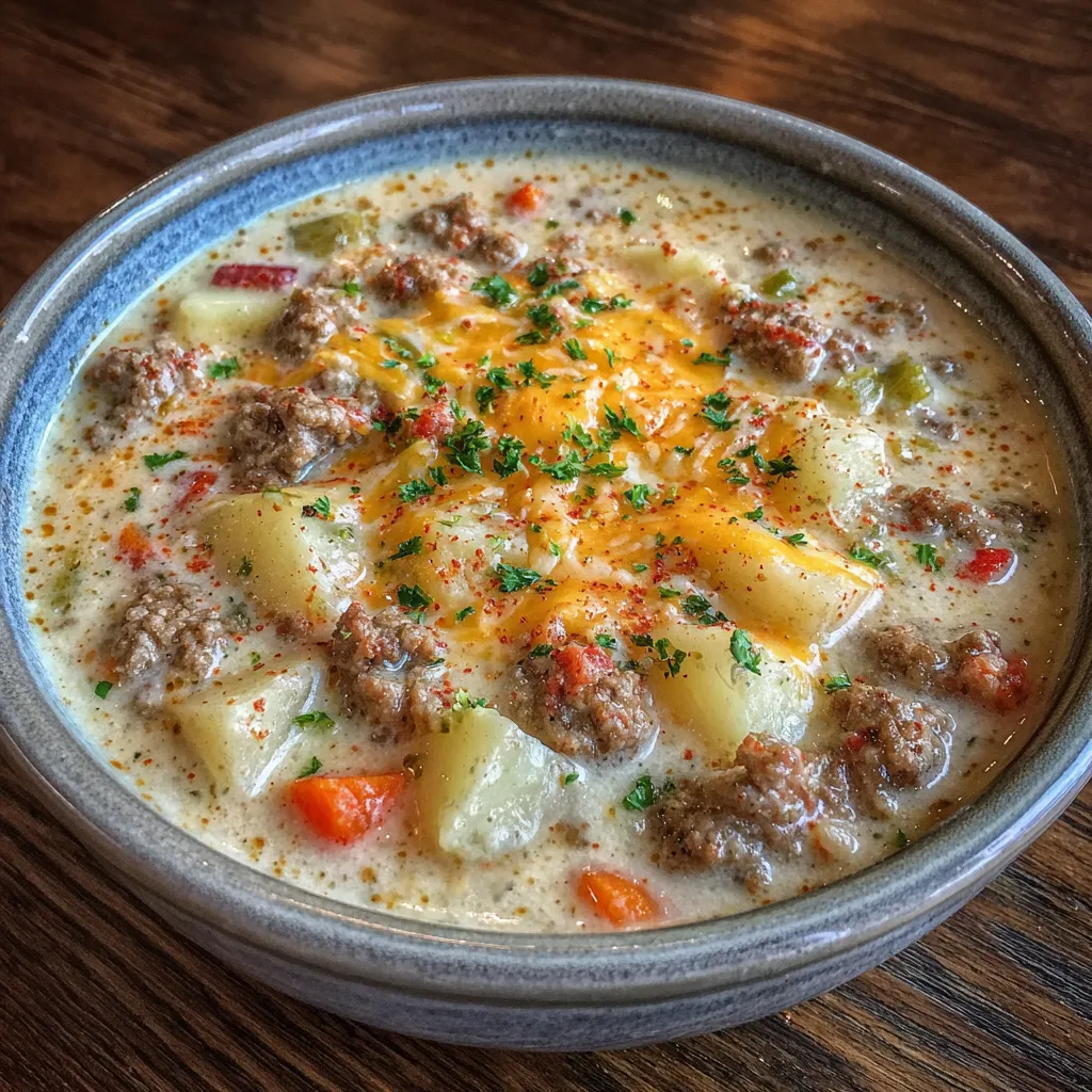 Bowl of creamy cheeseburger soup with potatoes and beef