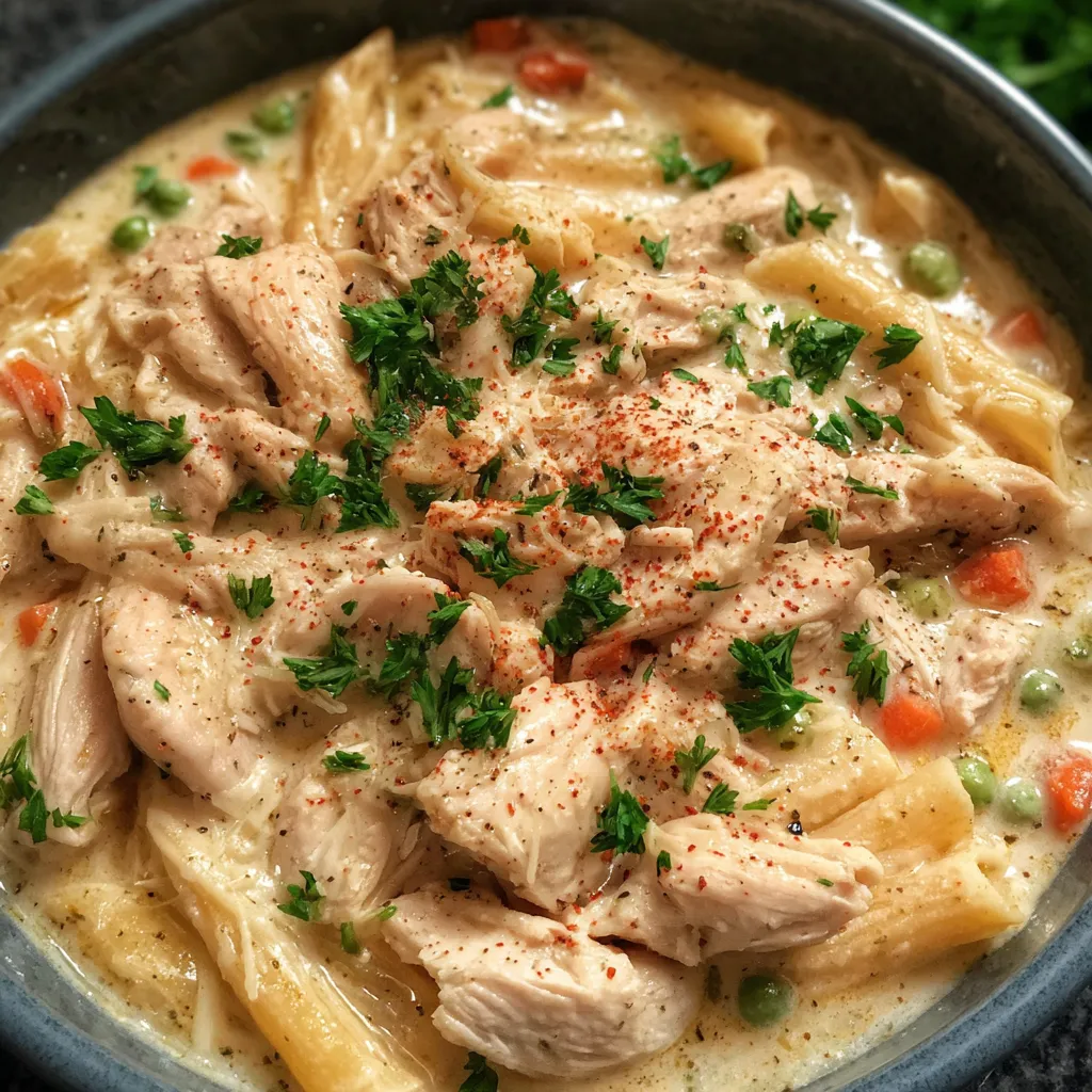 Close-up of shredded chicken in rich sauce
