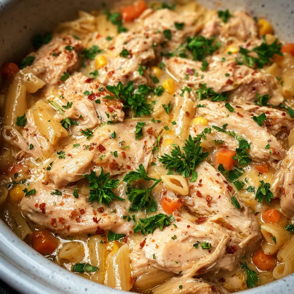 Bowl of crockpot chicken served over pasta
