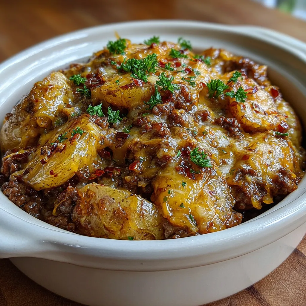 Plate of hamburger potato casserole garnished with parsley