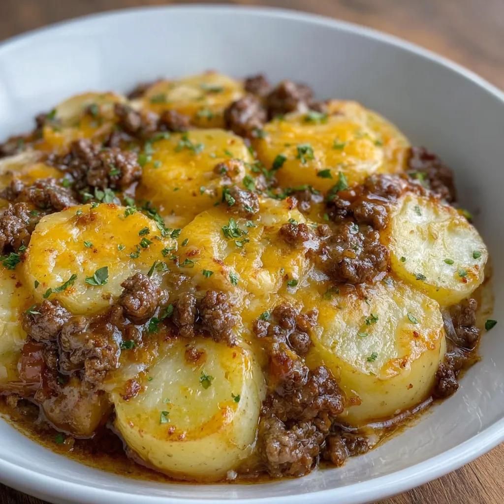 Crockpot full of golden cheesy hamburger casserole