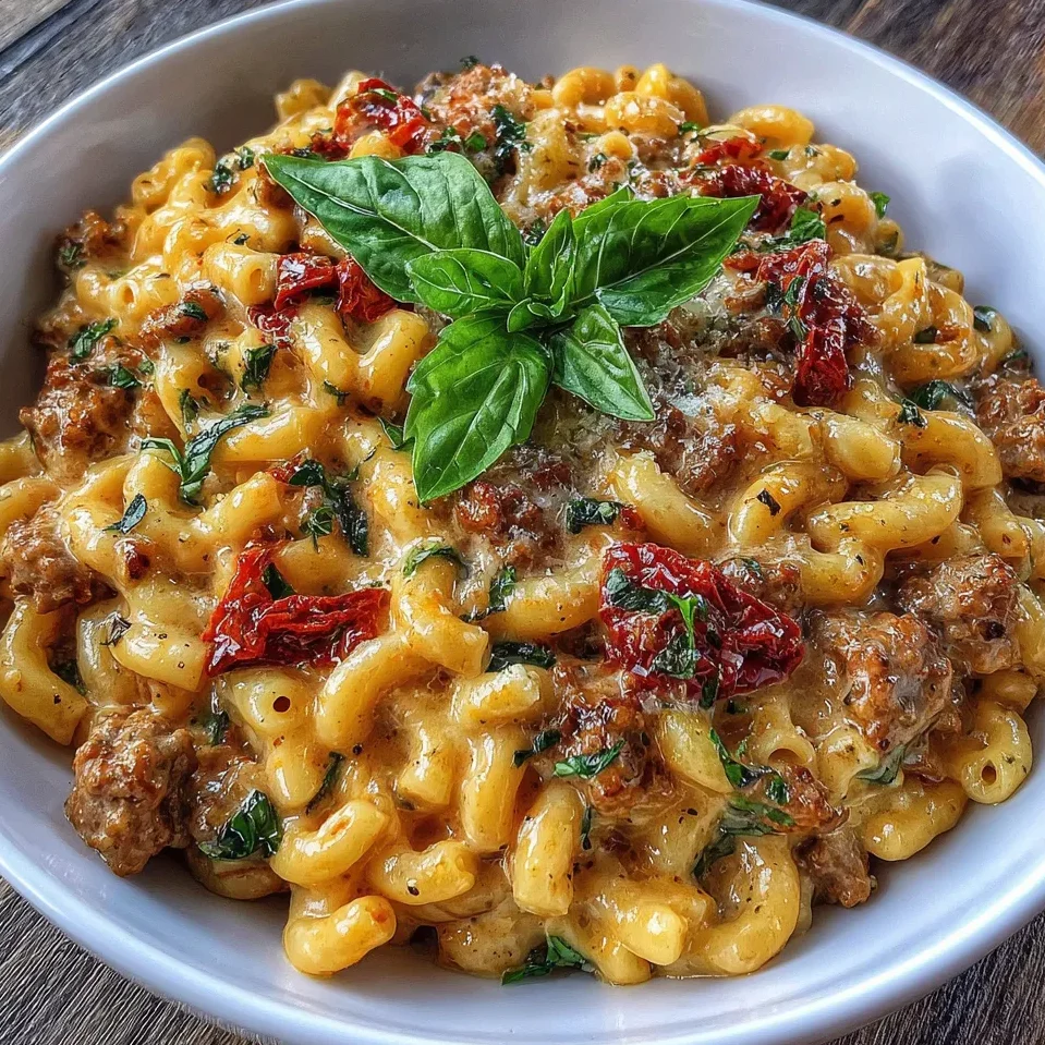 Creamy ditalini sausage pasta in a skillet