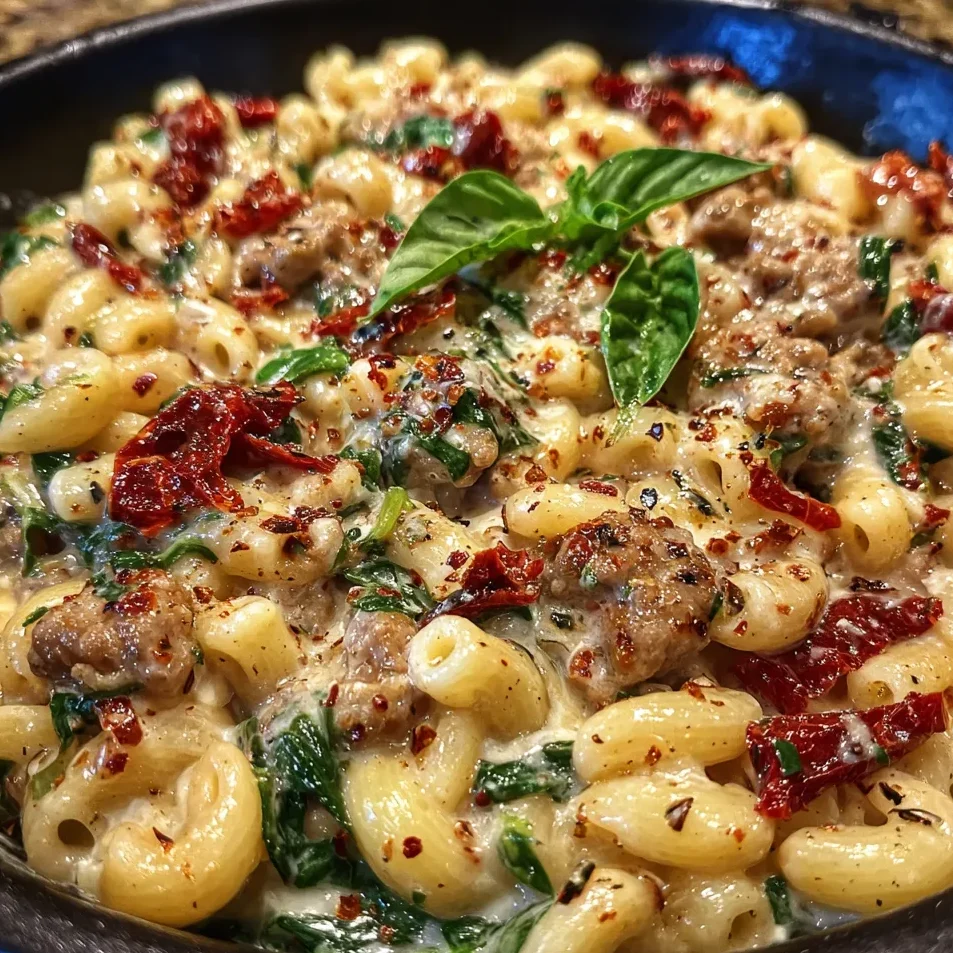 Close-up of pasta coated in creamy sauce with sausage