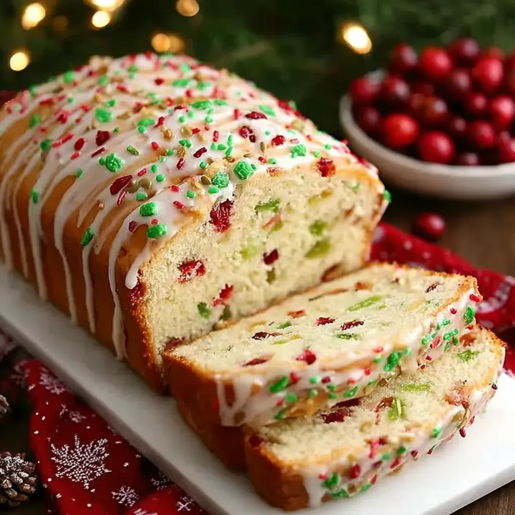 Close-up of sliced Christmas bread showing fruit and nuts