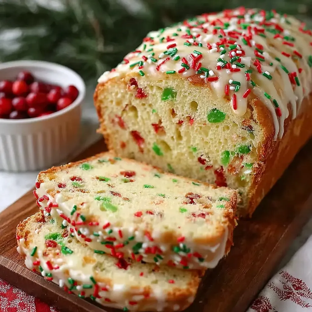 Loaf of Christmas bread on wooden board with decorations