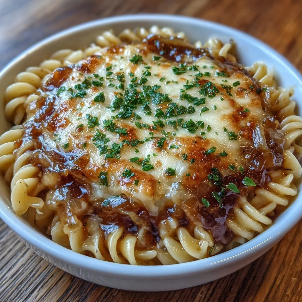 Bowl of French onion pasta soup topped with melted cheese