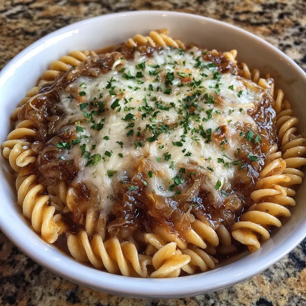 Spoon lifting cheesy French onion pasta
