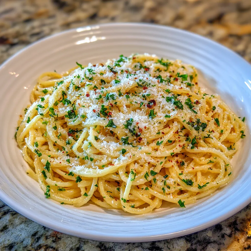 Bowl of garlic butter pasta with parsley