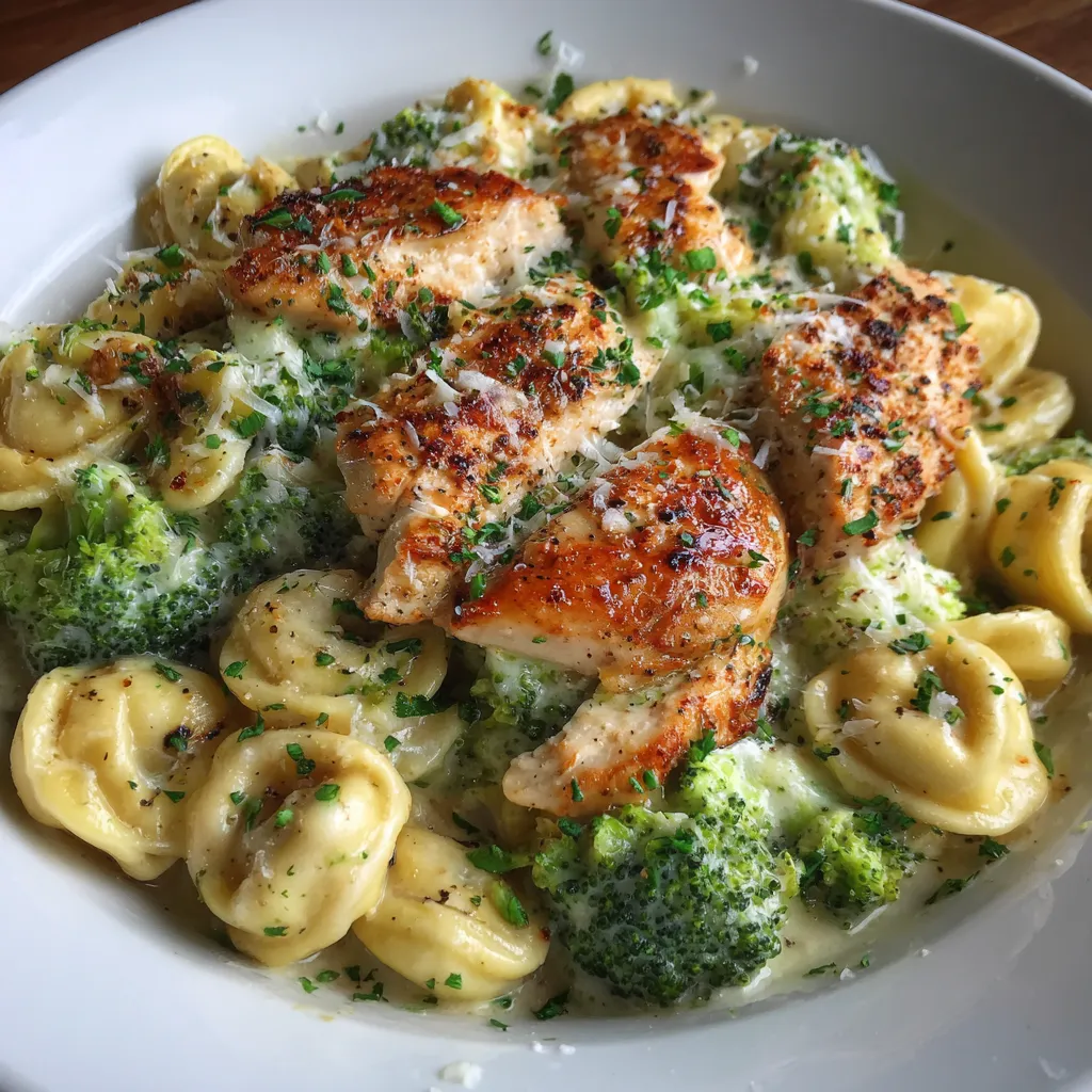 Skillet of garlic parmesan chicken tortellini with broccoli