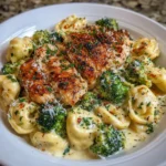 Fork lifting saucy tortellini and chicken