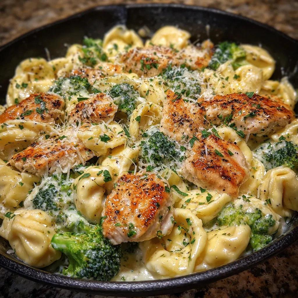 Close-up of cheesy tortellini with seared chicken