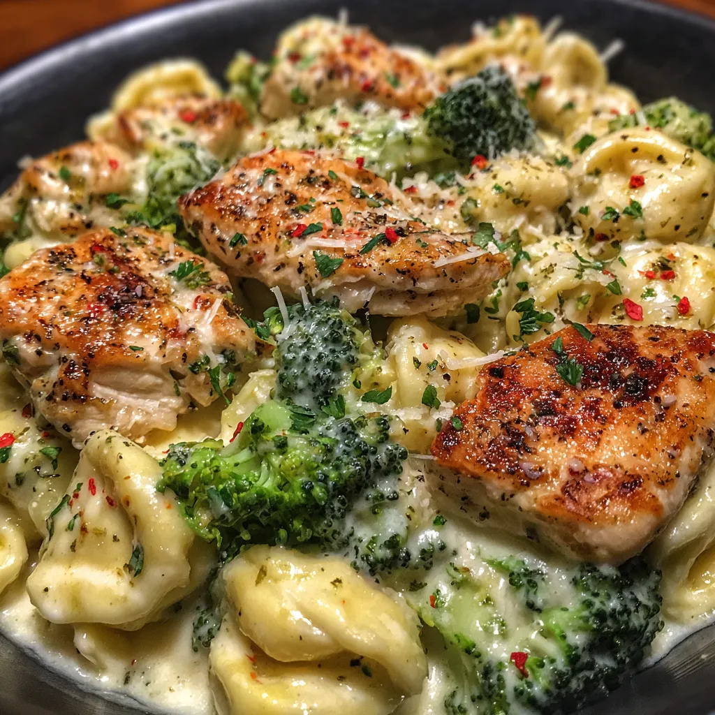 Bowl of chicken tortellini topped with parsley