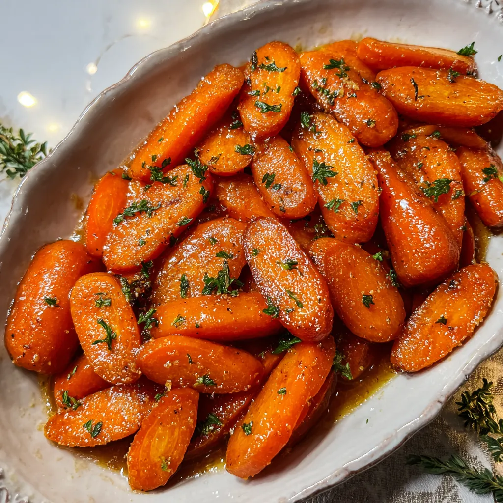 Close-up of shiny glazed carrots with parsley garnish