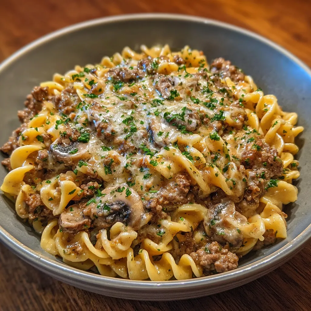 Skillet of ground beef stroganoff with parsley