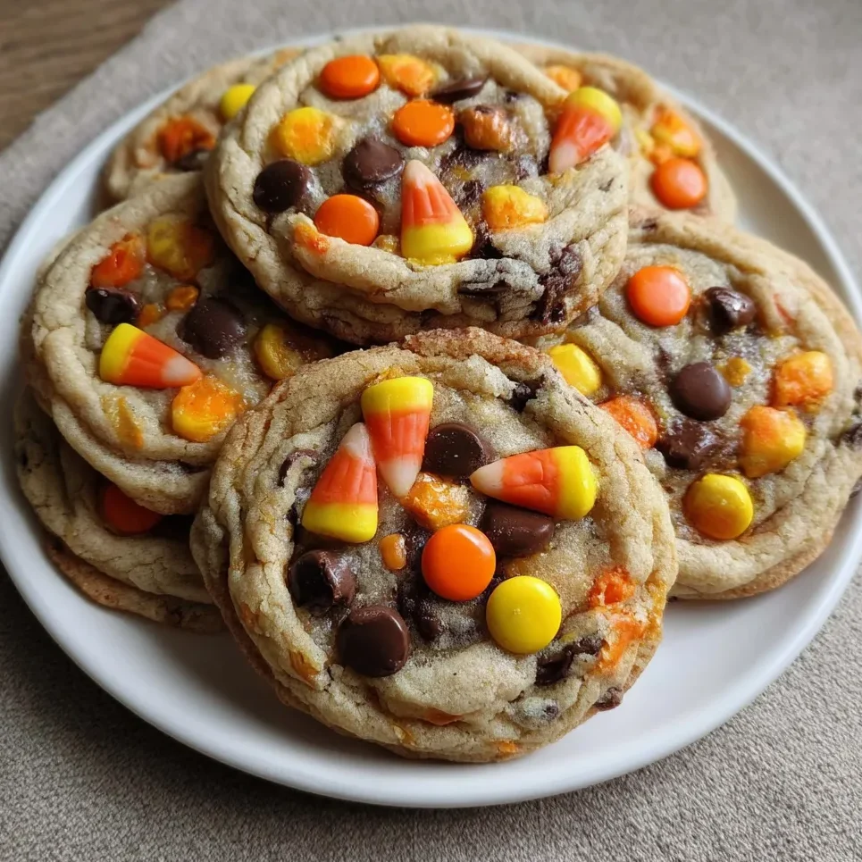 Close-up of cauldron cookie with candy corn “bubbles”