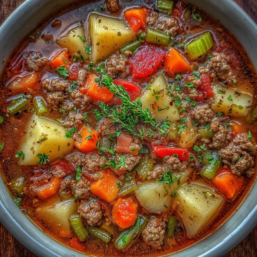 Close-up of hamburger stew in pot
