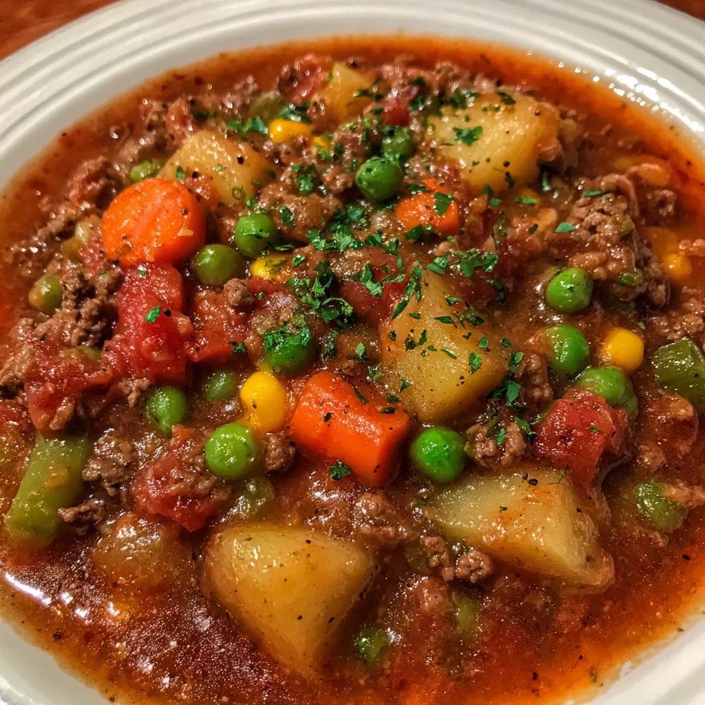 Spoon lifting hearty hamburger stew from bowl