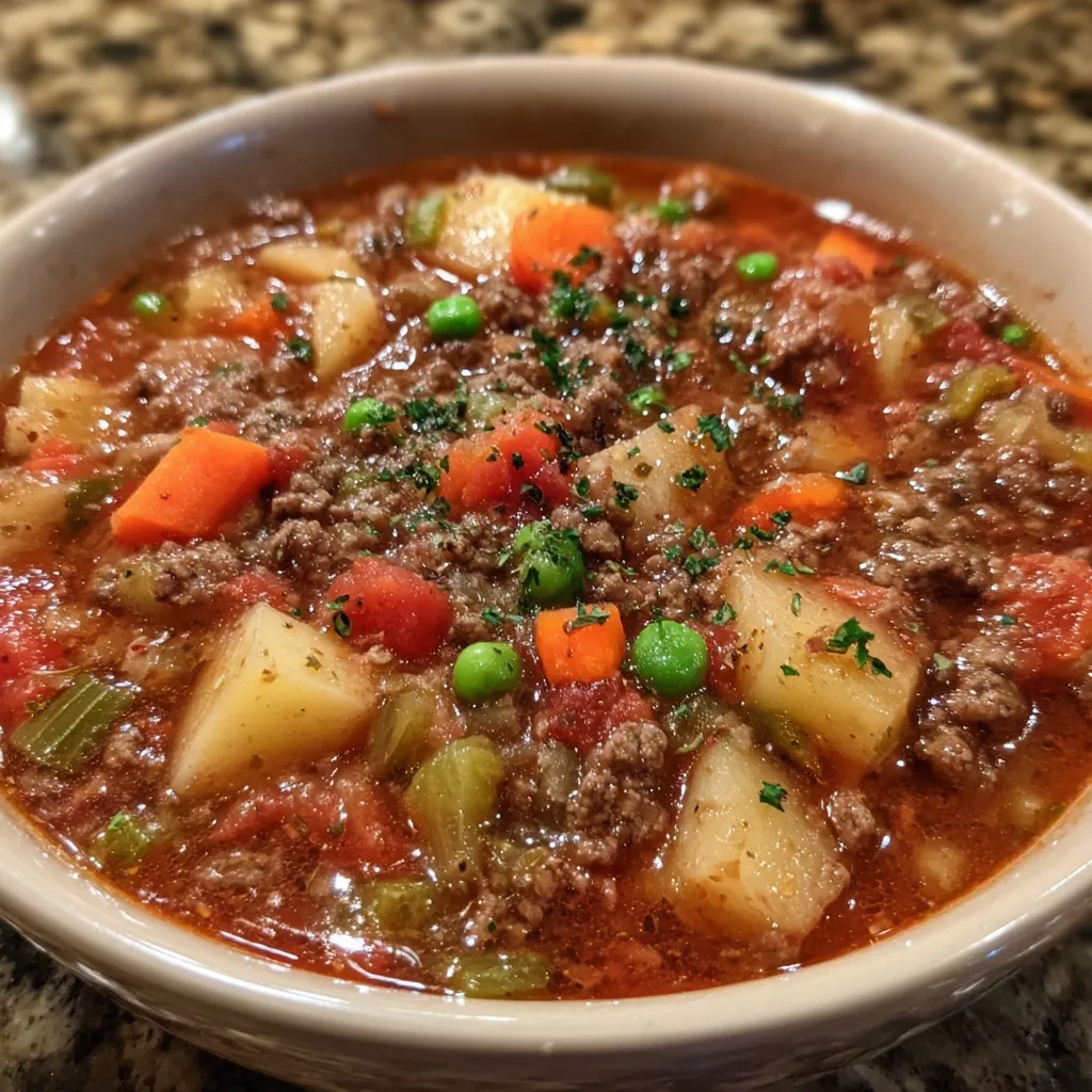 Bowl of hamburger stew served with bread