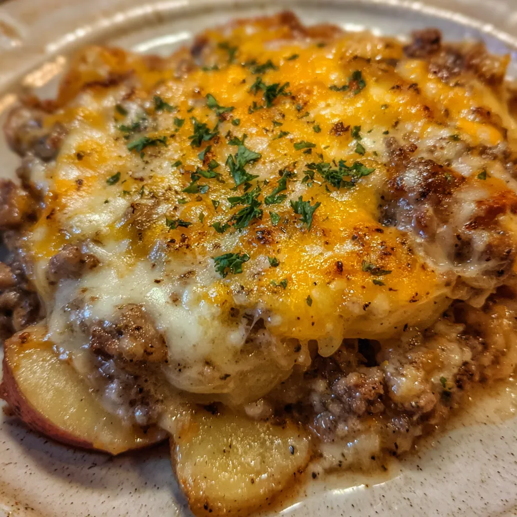 Baking dish of hobo casserole with bubbling cheese on top