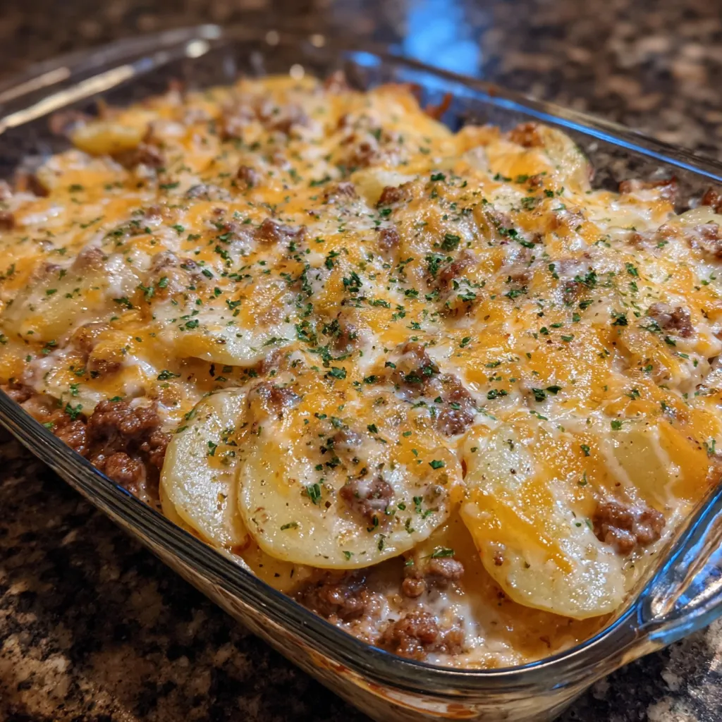 Slice of hobo casserole served on a plate
