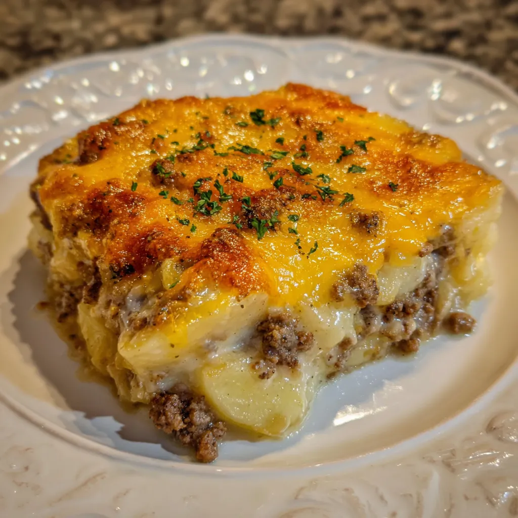 Hobo casserole baked golden with melted cheese