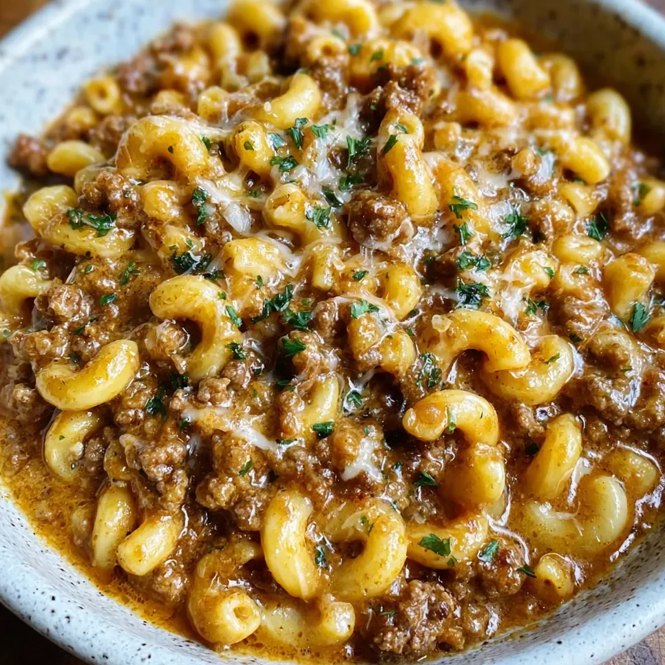 Skillet of hamburger helper with melted cheese on top