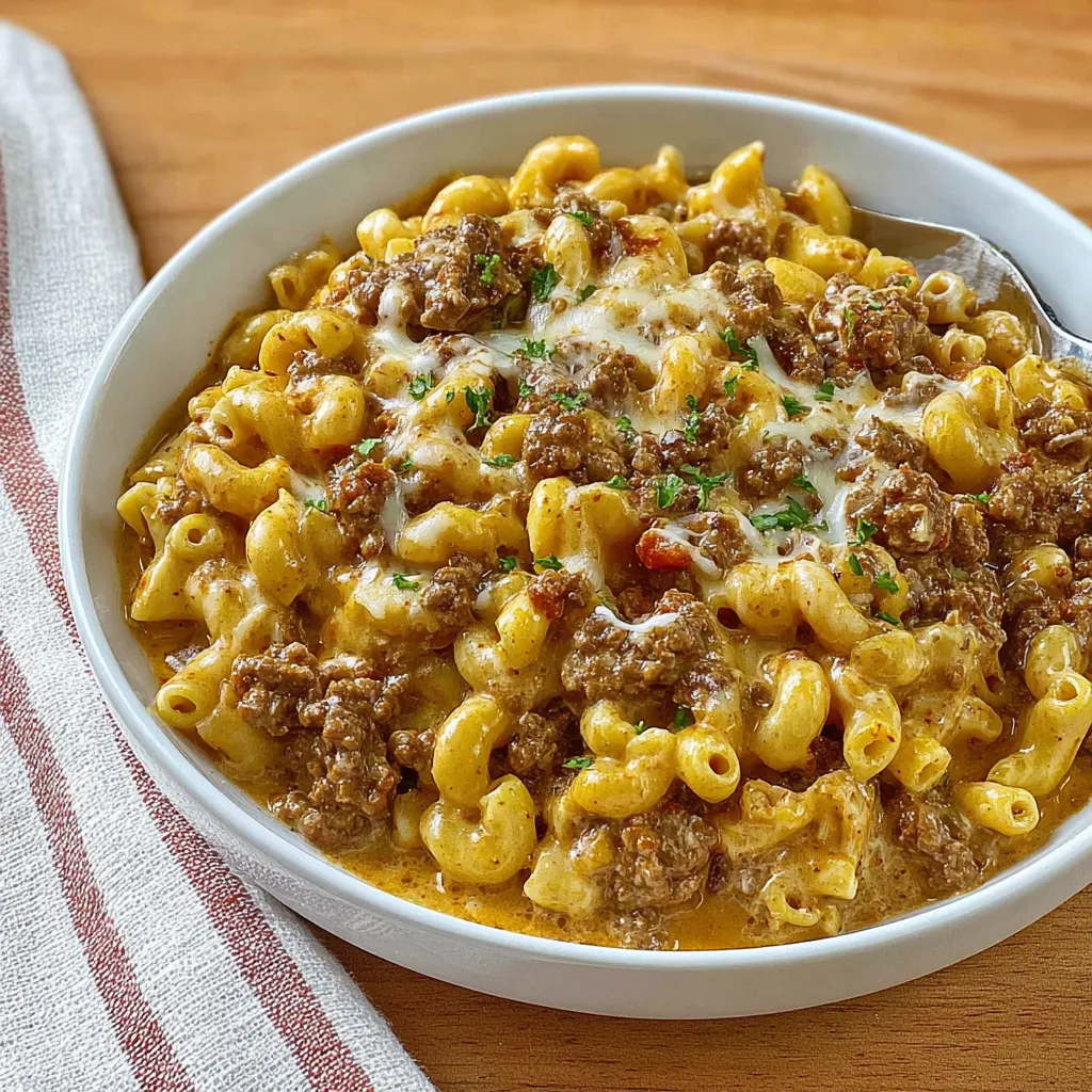 Skillet of creamy homemade hamburger helper with cheese
