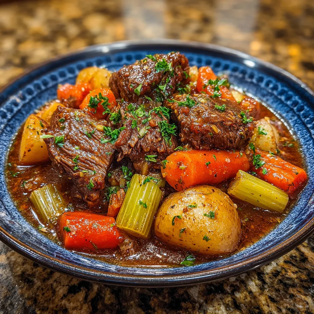Bowl of Instant Pot beef stew with tender beef and vegetables