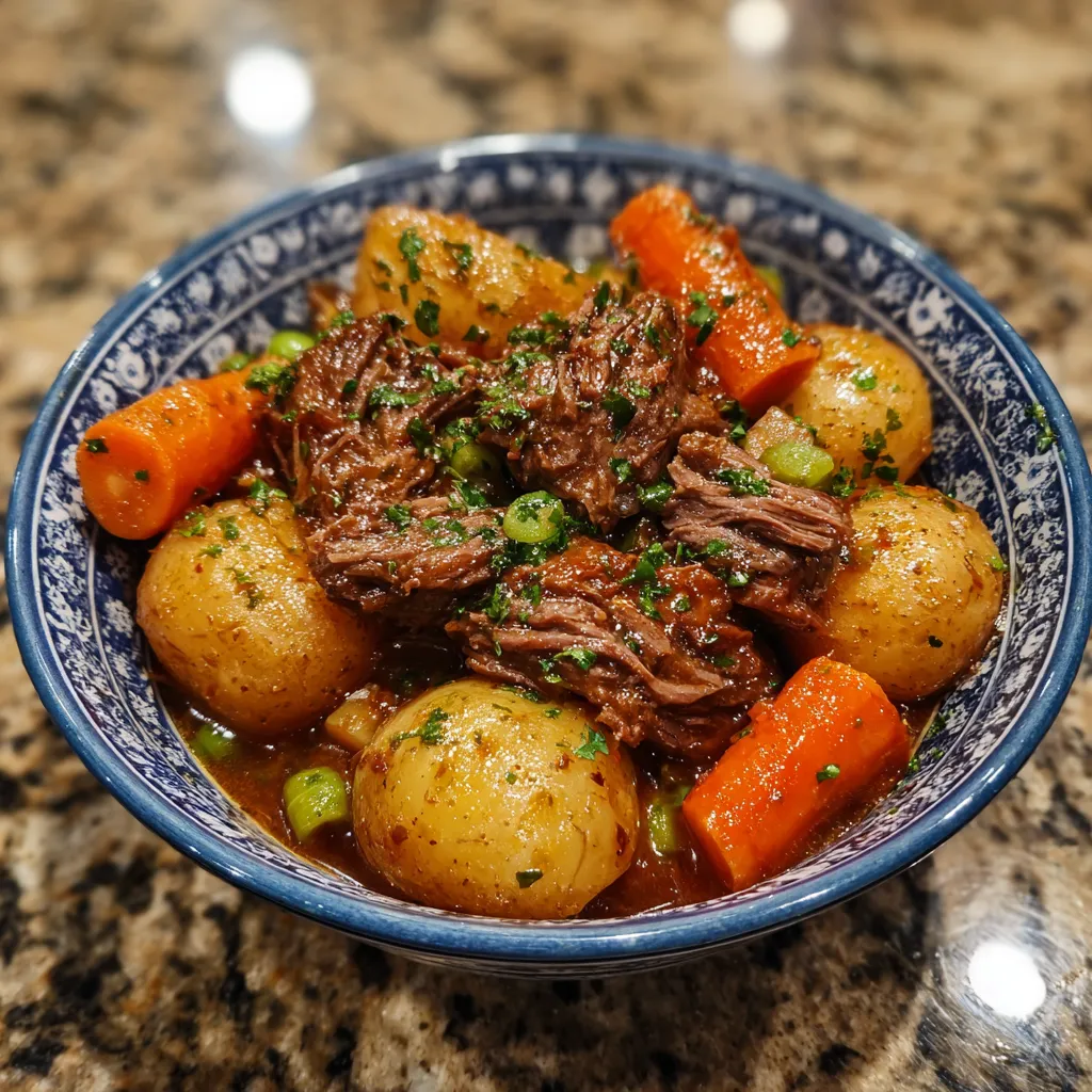 Close-up of stew showing tender beef chunks and gravy